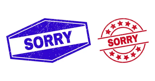 SORRY Grunged Stamp Seals in Round and Hexagonal Shapes — Stock Vector