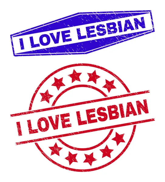 I LOVE LESBIAN Textured Badges in Round and Hexagon Shapes — Stock Vector
