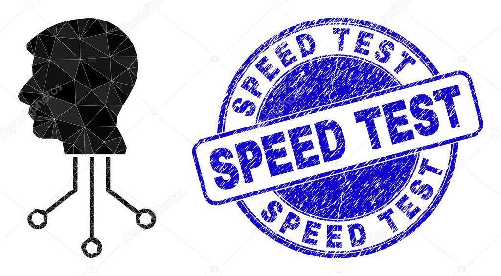 Scratched Speed Test Round Stamp And Cyborg Head Contacts Polygonal Icon