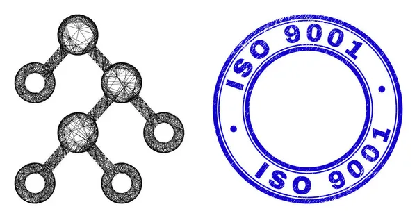 Текстурированный значок ISO 9001 и иконка бинарных узлов сети "Меш" — стоковый вектор