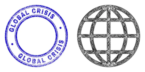 Grunge Global Crisis Badge e Linear Irregular Mesh Ícone Global — Vetor de Stock