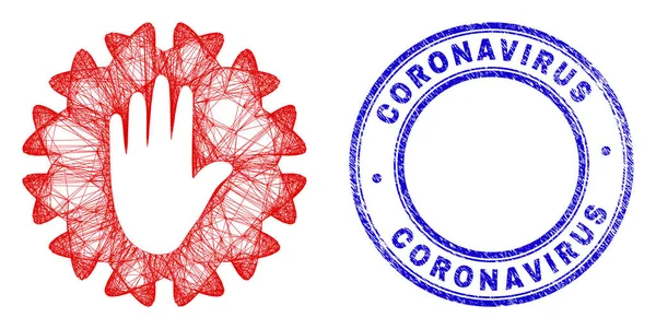 Печать и нерегулярная сетка коронавируса Резиновая коронавируса Предупреждение о вспышке штампа и нерегулярная икона коронавируса — стоковый вектор