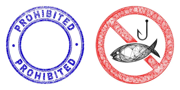 Sello de sello prohibido de goma e ícono de pesca restringido de malla irregular lineal — Vector de stock