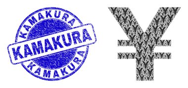 Vektör Japon Yen simgesi mozaiği yinelenen Japon Yen öğeleri için tasarlanmıştır. Kamakura desenli mavi yuvarlak mühür izi. Japon Yen simgesinden yinelenen mozaik.