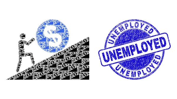 Texturierte Abzeichen für Arbeitslose und Mann, der Dollar aufrollt, rekursives Mosaik von Selbstbildern — Stockvektor