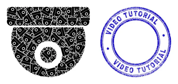 Tutoriel vidéo en caoutchouc filigrane et caméra CCTV Collage récursif d'auto-icônes — Image vectorielle