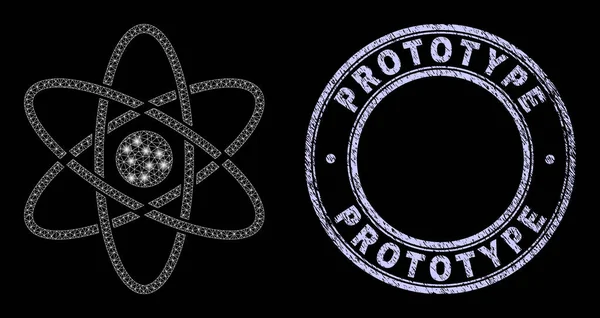 Zerkratzter Prototyp-Stempel und Magic Mesh Atom mit Lichtpunkten — Stockvektor