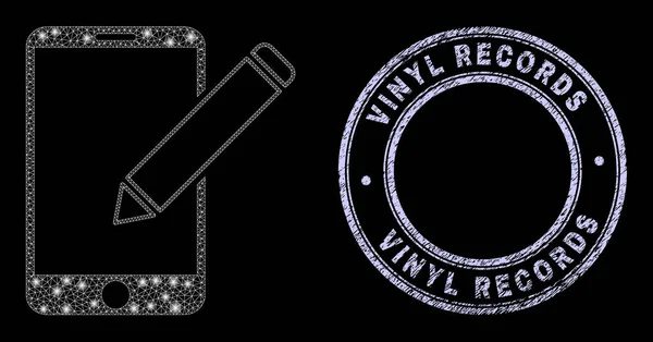 Grunge Vinyl Records jelvény és Majestic Network szerkesztése Phone Records with Glare Spots — Stock Vector