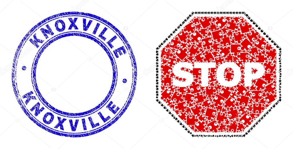 Blue Scratched Knoxville Stamp and Stop Octagon Sign Icon Mosaic of Puzzle Elements