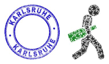 Mavi Grunge Karlsruhe Damgası ve Şarap Şişe Kuryesi Bulmaca Bileşenleri Mozaiği