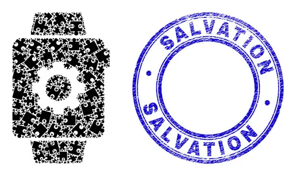 Blue Scratched Salvation Stamp Seal And Smart Watches Settings Pictogram Mosaic of Puzzle Components — 스톡 벡터