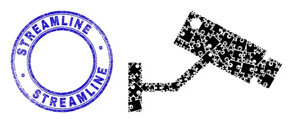 Insigne de rationalisation rayé bleu et Pictogramme de caméra de vidéosurveillance Mosaïque de plugins Puzzle — Image vectorielle