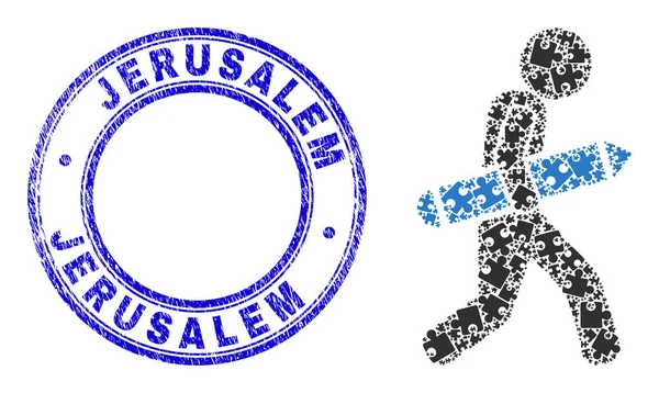 Grunge bleu Jérusalem Sceau et crayon Courier Pictogramme Mosaïque de composants de puzzle — Image vectorielle