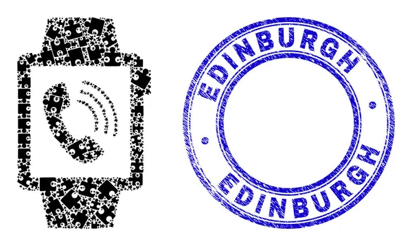 Blue Distress Edinburgh Seal Und Handyuhren Ikone Mosaik aus Puzzleteilen — Stockvektor