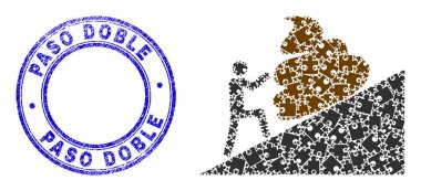 Blue Grunge Paso Doble Badge And Man Moving Shit Up Icon Mosaic of Puzzle Components