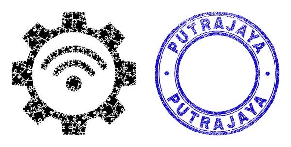 Cetak Biru Putrajaya Stamp dan Wi-Fi Ikon Gear Mosaik Komponen Puzzle - Stok Vektor