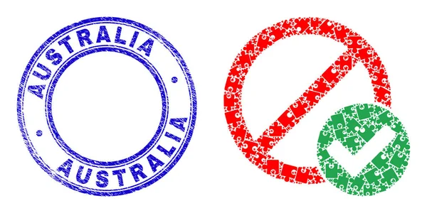 Blue Scratched Australia Stempel und True Reject Icon Mosaik aus Puzzleteilen — Stockvektor