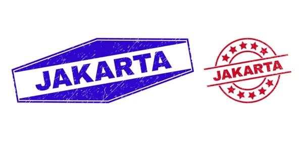 Tištěná razítka JAKARTA v kruhových a šestiúhelníkových tvarech — Stockový vektor