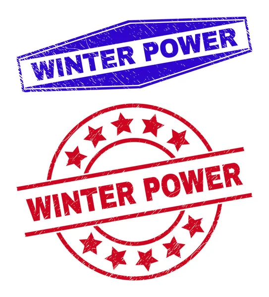WINTER POWER Distress Stamps in Round and Hexagonal Shapes — Stock Vector