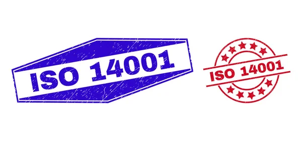 ISO 14001 Distress Stamp Seals in Circle and Hexagon Forms — 图库矢量图片