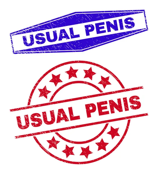 USUAL PENIS Grunged Stamps in Round and Hexagonal Shapes - Stok Vektor