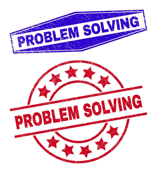 PROBLEM SOLVING Scratched Badges in Circle and Hexagon Forms — Stock Vector