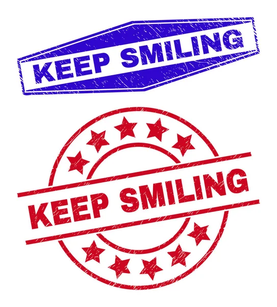 KEEP SMILING Distress Badges em formas circulares e hexagonais —  Vetores de Stock