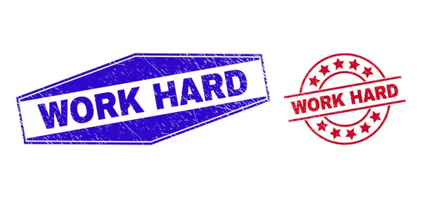 WORK HARD Grunge Stamps ในรูปทรงวงกลมและหกเหลี่ยม — ภาพเวกเตอร์สต็อก