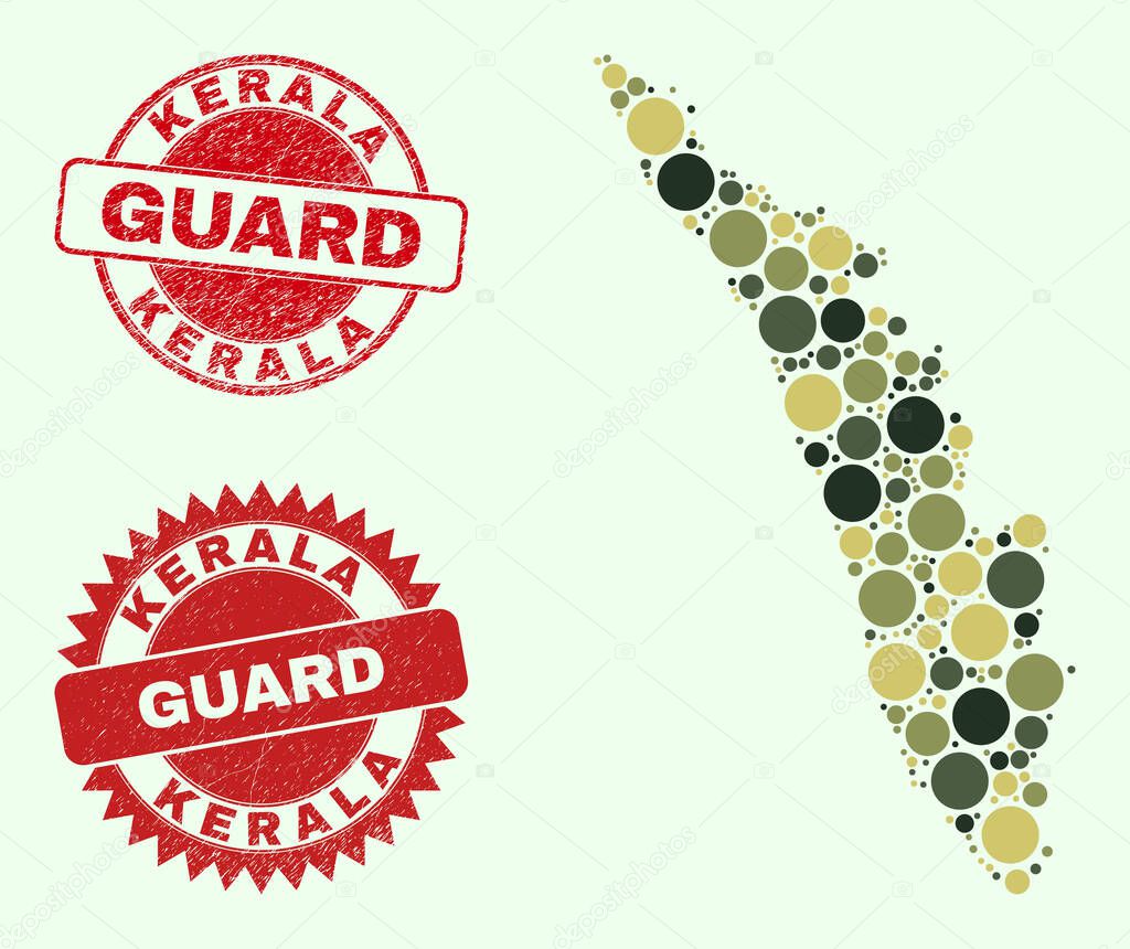 Kerala State Map Composition with Khaki Military Spheric Elements with Scratched Guard Stamp Seals