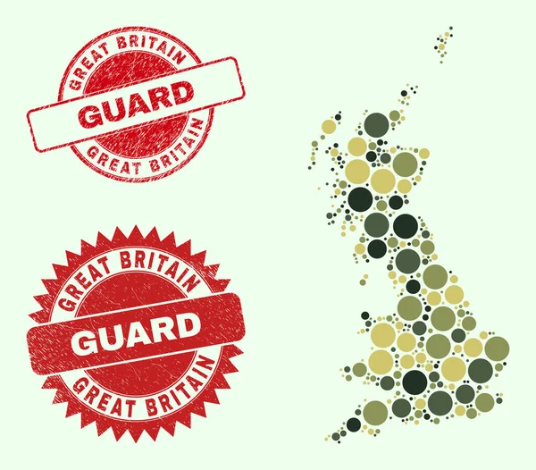 Groot-Brittannië Kaart Collage met Khaki Militaire Ronde Elementen met Distress Guard Stamp Seals — Stockvector