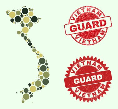 Grunge Muhafız Mührü Mühürlü Kamuflaj Askeri Küre Ögeleriyle Vietnam Haritası Kolajı