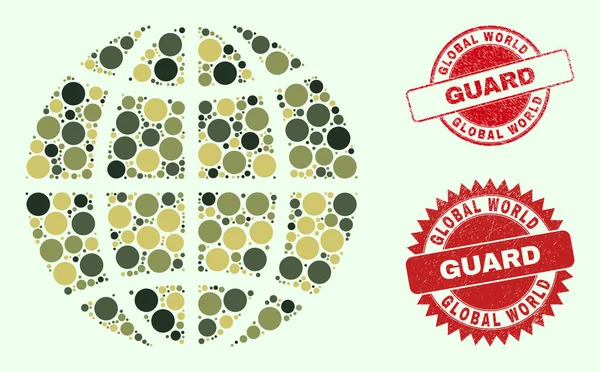 Planet-Globus-Mosaik mit tarnfarbenen militärischen Kreis-Elementen mit zerkratzten Wachsiegeln — Stockvektor