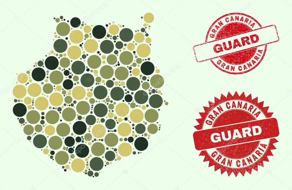 Gran Canaria Map Composition with Camouflage Military Round Elements with Grunge Guard Stamps