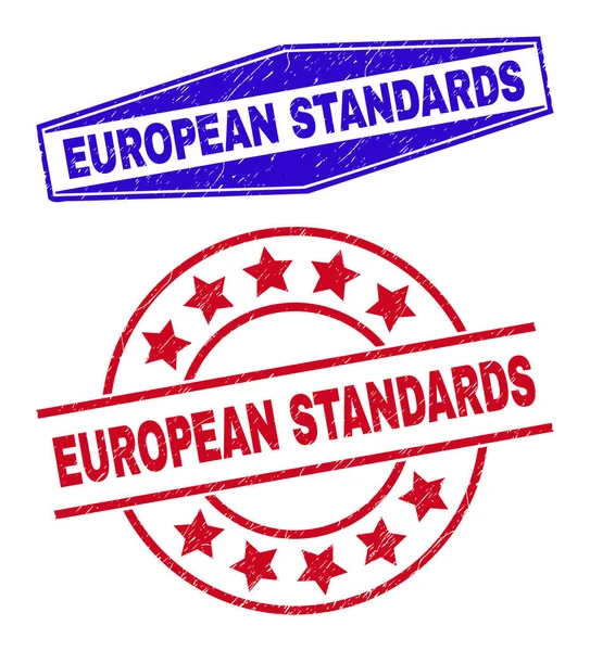 Selos de carimbo Grunged PADRÕES EUROPEIAS em formas redondas e hexágonas —  Vetores de Stock