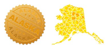 Alaska Haritası Altın Parçacıkları ve Metal Alaska Rozeti Mozaiği