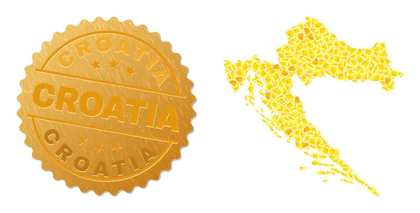 Хорватская карта Коллаж золотых элементов и металлической печати Хорватии — стоковый вектор