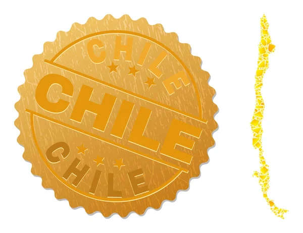 Chile Map Collage of Golden Parts and Metal Chile Stamp — Stock Vector