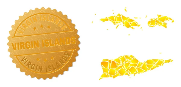 Mapa de las Islas Vírgenes Americanas Mosaico de Elementos Dorados e Islas Vírgenes Metálicas Sellos — Vector de stock