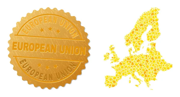 Kartenmosaik aus goldenen Elementen und texturierter Siegelmarke der Europäischen Union — Stockvektor