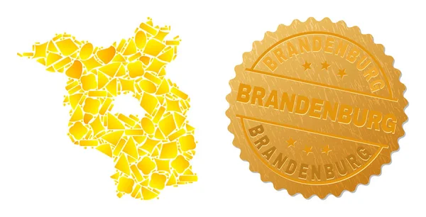 Brandenburg Land Map Mosaic of Golden Elements and Metal Brandenburg Seal Stamp — стоковий вектор