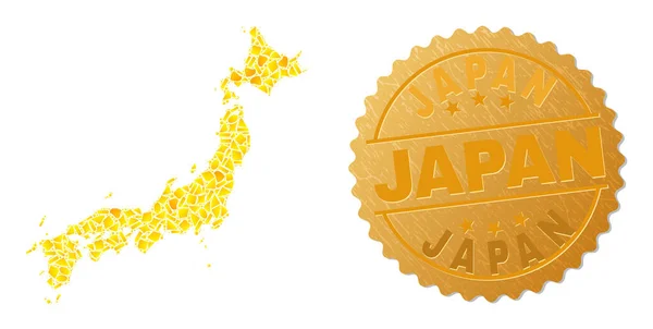 Mapa de Japón Mosaico de oro y metal Japón Sello — Vector de stock
