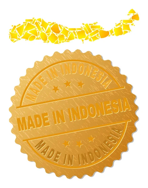 インドネシアのフローレス島地図黄金の粒子とインドネシアで作られた織物のコラージュシール — ストックベクタ