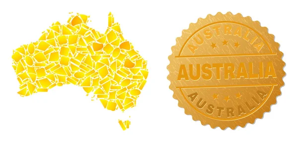 Austrália Mapa Mosaico dos Elementos Dourados e Metal Australia Badge —  Vetores de Stock