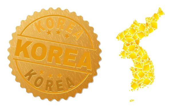 韓国地図黄金アイテムと金属のモザイク韓国シール — ストックベクタ