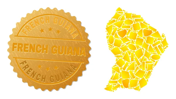 Französisch-Guyana-Kartenmosaik aus goldenen Gegenständen und Metall Französisch-Guyana-Siegelstempel — Stockvektor