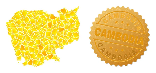 Kambodscha Kartenmosaik aus goldenen Partikeln und texturierter Kambodscha-Briefmarke — Stockvektor