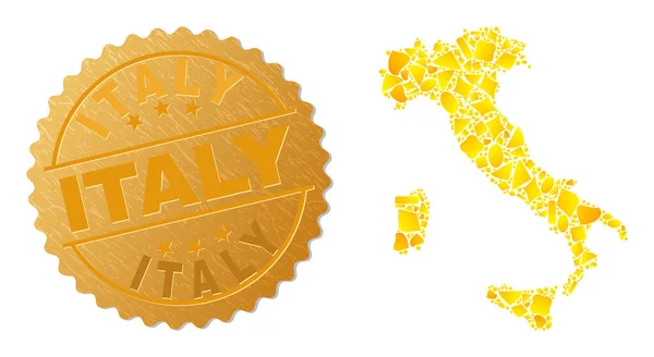 Mapa de Italia Collage of Golden Spots y Metallic Italy Badge — Vector de stock