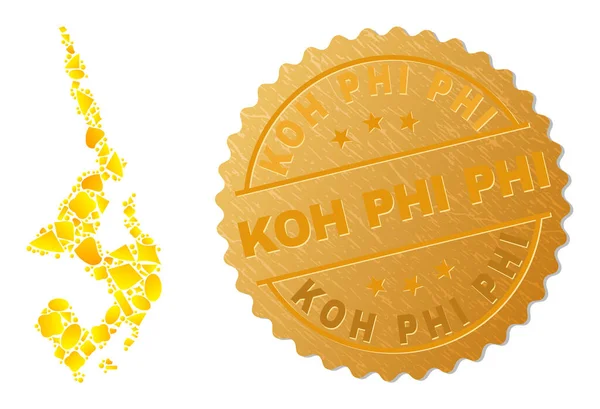 Koh Phi Leh Carte Mosaïque de fractions d'or et timbre métallique Koh Phi Seal — Image vectorielle