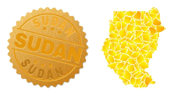 Sudan-Kartenmosaik aus goldenen Brüchen und texturiertem Sudan-Siegel — Stockvektor