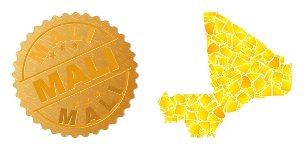 マリ地図黄金のモザイクと質感のマリシール — ストックベクタ